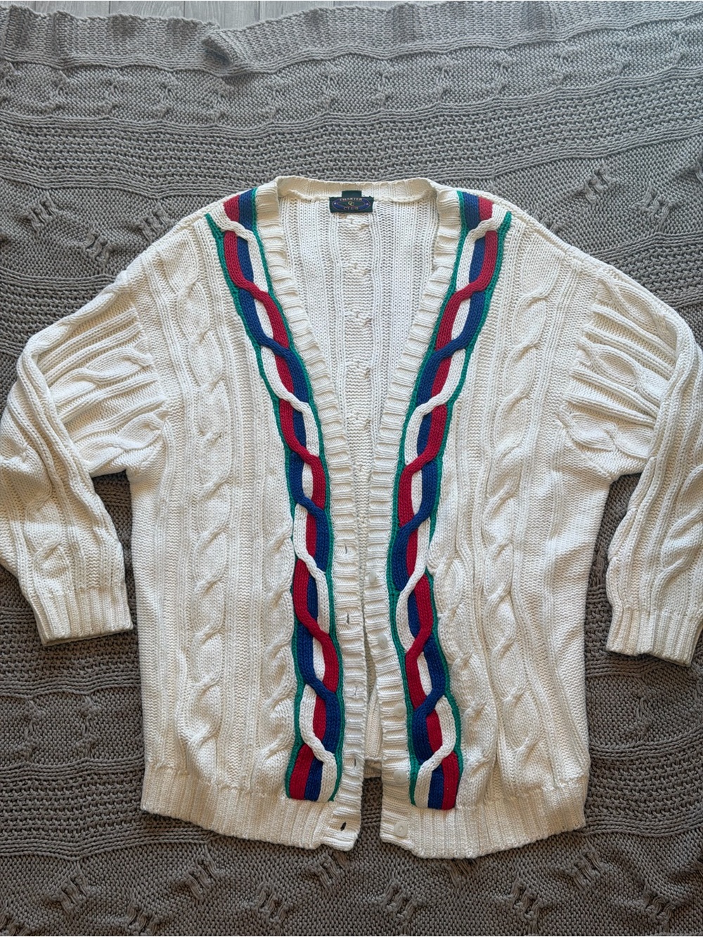 Vintage Charter Club White Cable Knit Open Cardigan with Teal and Magenta Trim